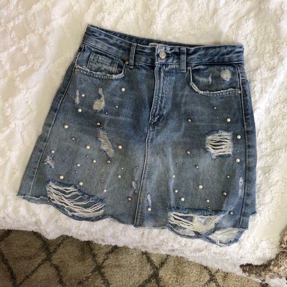 Super Cute Distressed Denim Skirt w/ Pearls!